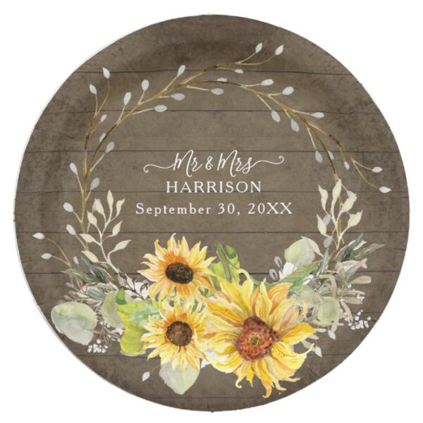 Rustic Sunflower Floral BOHO Watercolor Greenery Paper Plate