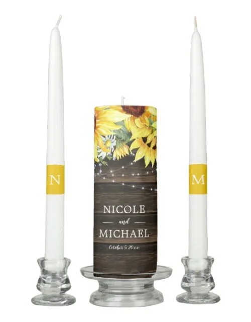Rustic Sunflower Floral String Lights Wedding Unity Candle Set