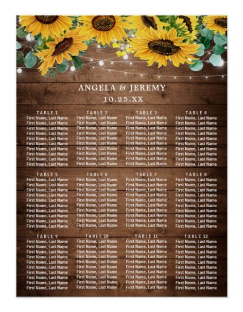 Rustic Sunflower Lights Wedding Seating Chart