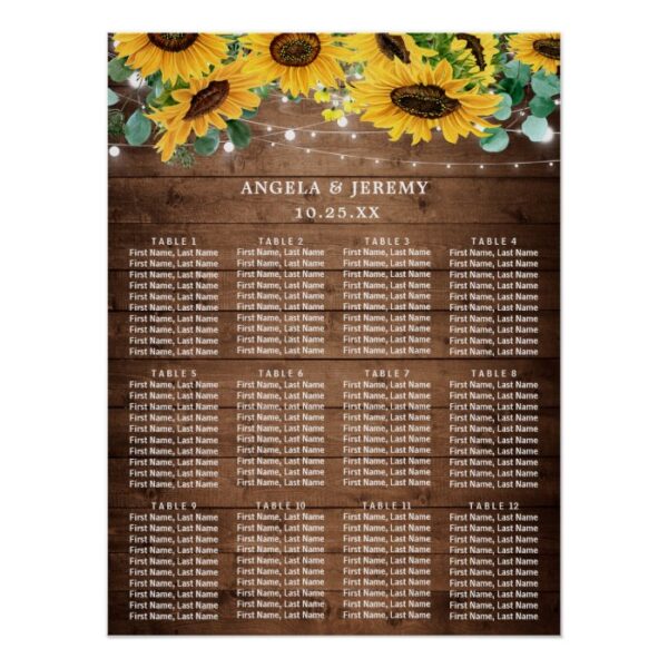 Rustic Sunflower Lights Wedding Seating Chart