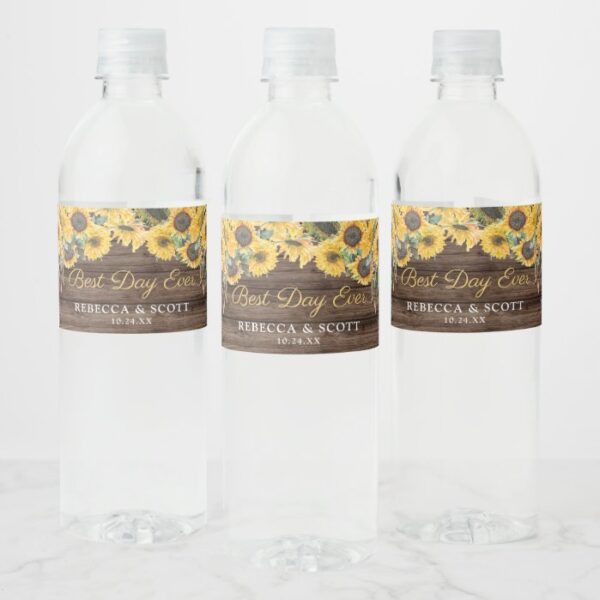 Rustic Sunflower Wood Barn Best Day Ever Wedding Water Bottle Label