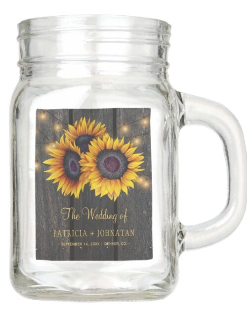 Rustic sunflowers barn wood lights wedding favor mason jar