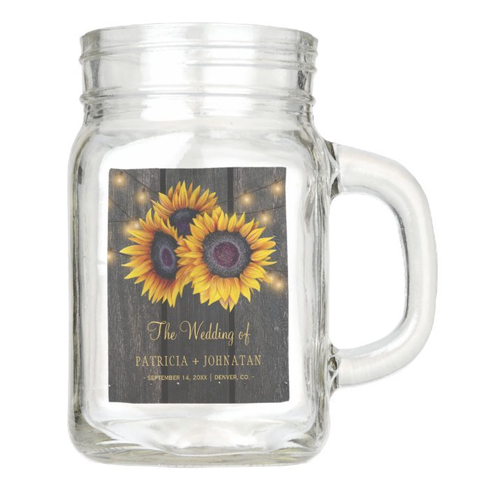 Rustic sunflowers barn wood lights wedding favor mason jar