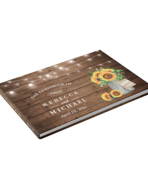 Rustic Sunflowers Mason Jar String Lights Wedding Guest Book