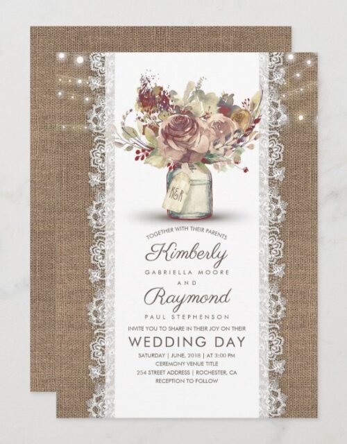 Rustic Vintage Floral Mason Jar | Burlap Wedding Invitation