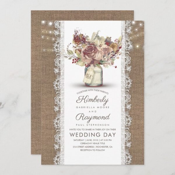 Rustic Vintage Floral Mason Jar | Burlap Wedding Invitation