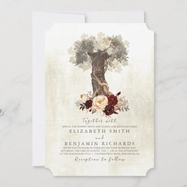 Rustic Vintage Tree Burgundy Floral Wedding Invitation