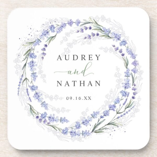 Rustic Watercolor Lavender Purple Wreath Wedding Beverage Coaster