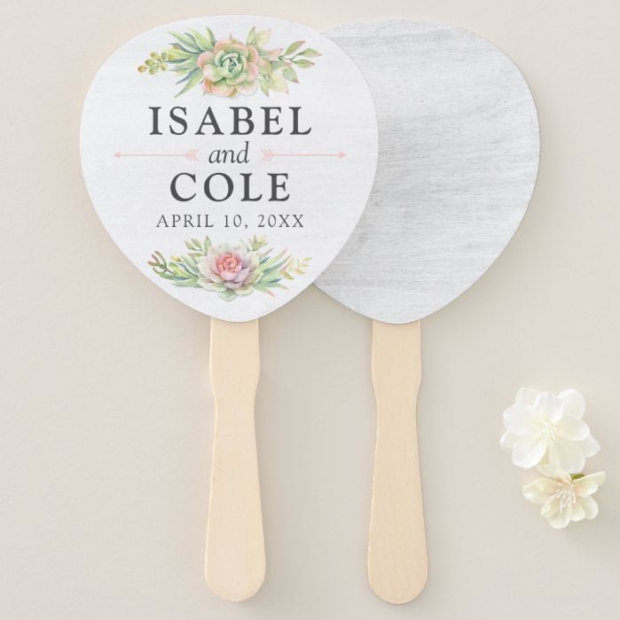 Rustic Watercolor Succulent Names & Wedding Date Hand Fan