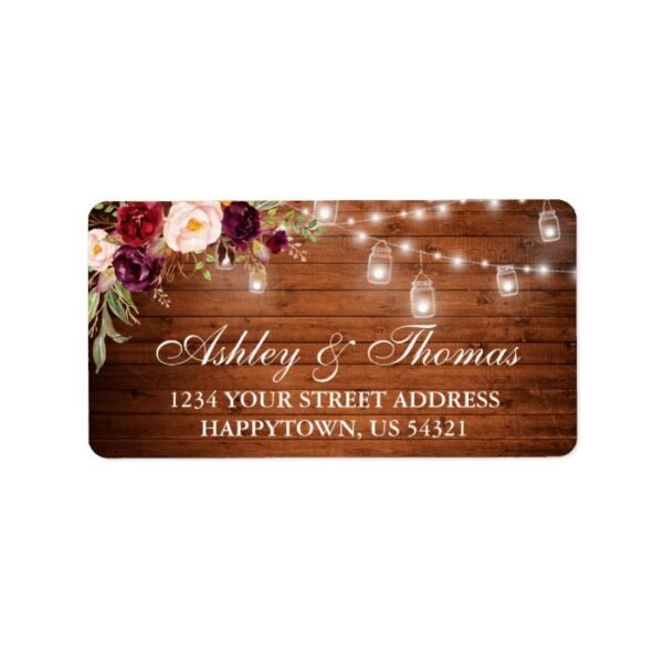 Rustic Wedding Wood Jar Lights Floral Address Label