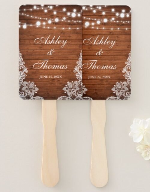 Rustic Wedding Wood String Lights Lace Hand Fan