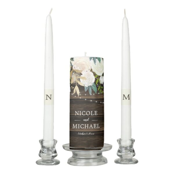 Rustic White Floral String Lights Wedding Unity Candle Set