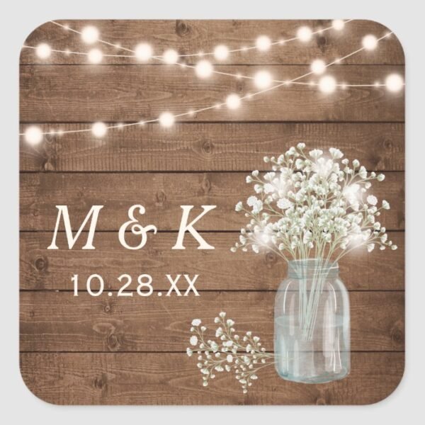 Rustic Wood Baby's Breath Floral Wedding Monogram Square Sticker