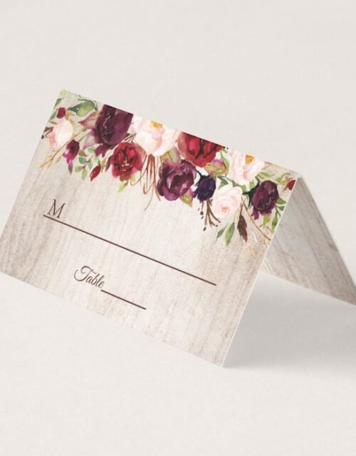 Rustic Wood Burgundy Blush Floral Wedding Table Place Card