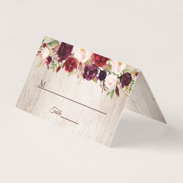 Rustic Wood Burgundy Blush Floral Wedding Table Place Card