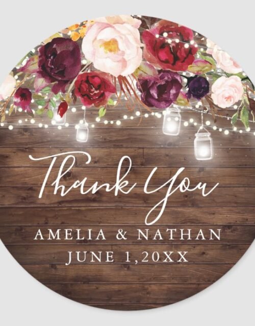 Rustic Wood Burgundy Floral Lights Wedding Classic Round Sticker