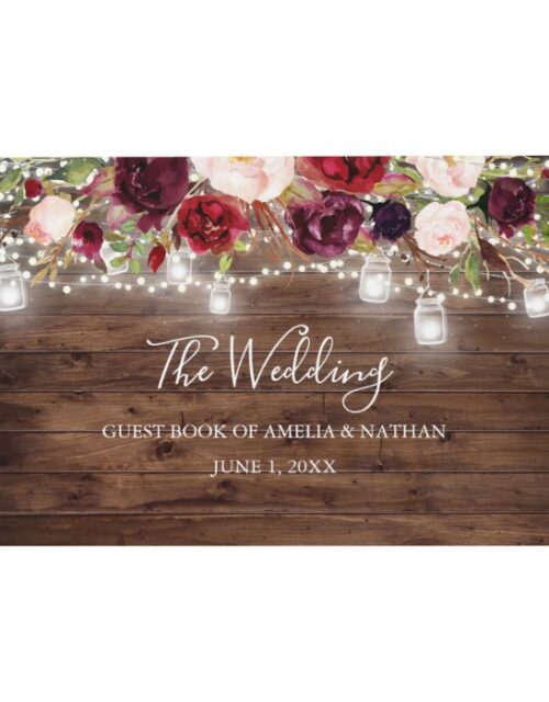 Rustic Wood Burgundy Floral Lights Wedding Guest Book