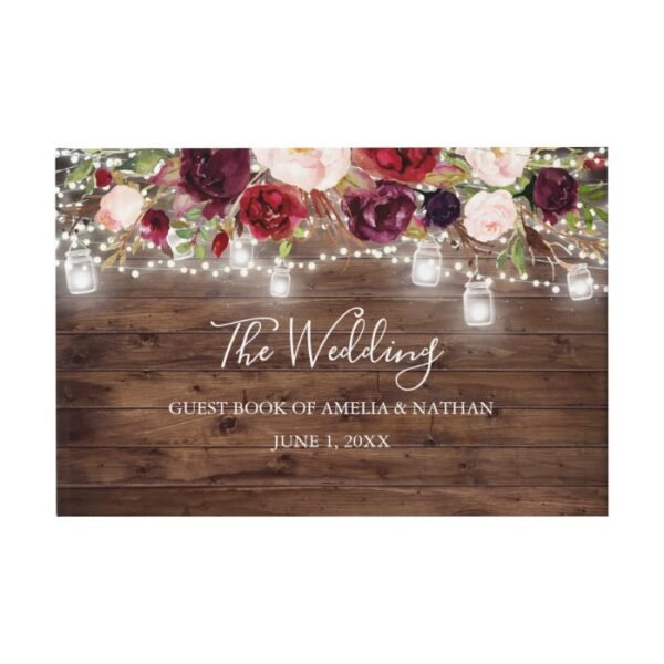 Rustic Wood Burgundy Floral Lights Wedding Guest Book