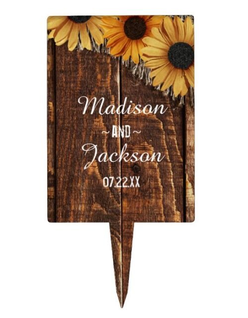 Rustic Wood & Burlap Sunflower Wedding Monogram Cake Topper