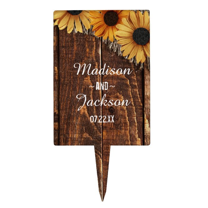 Rustic Wood & Burlap Sunflower Wedding Monogram Cake Topper