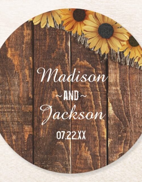 Rustic Wood & Burlap Sunflower Wedding Monogram Round Paper Coaster