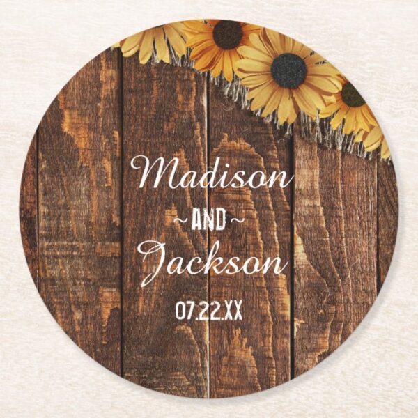 Rustic Wood & Burlap Sunflower Wedding Monogram Round Paper Coaster