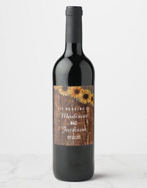 Rustic Wood & Burlap Sunflower Wedding Monogram Wine Label