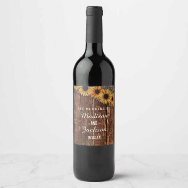 Rustic Wood & Burlap Sunflower Wedding Monogram Wine Label