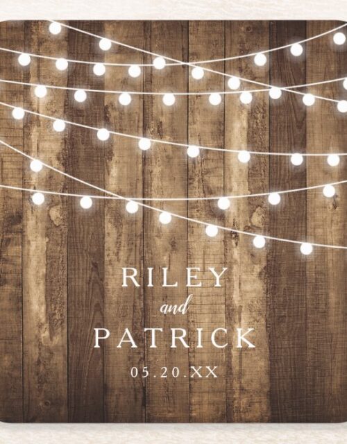 Rustic Wood & Fairy Lights Personalized Wedding Square Paper Coaster