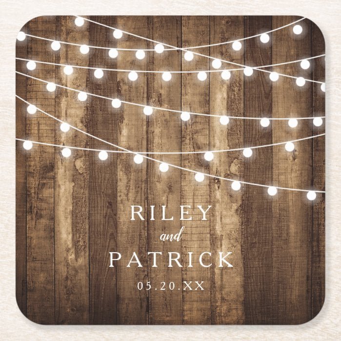 Rustic Wood & Fairy Lights Personalized Wedding Square Paper Coaster