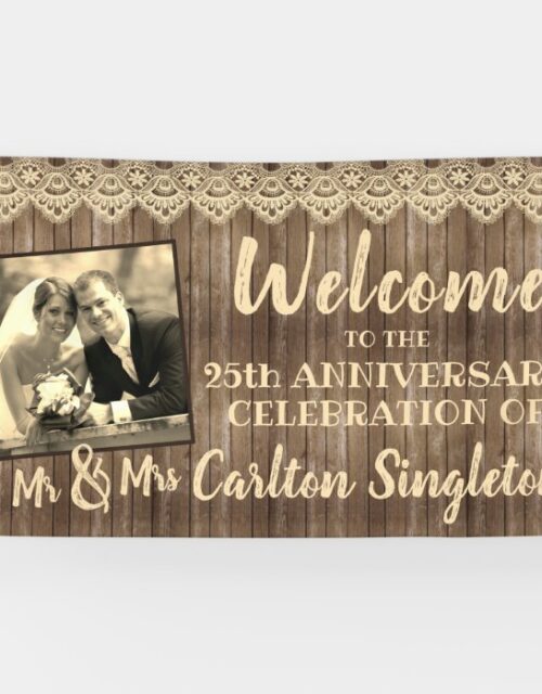 Rustic Wood & Lace ANY Wedding Anniversary Photo Banner
