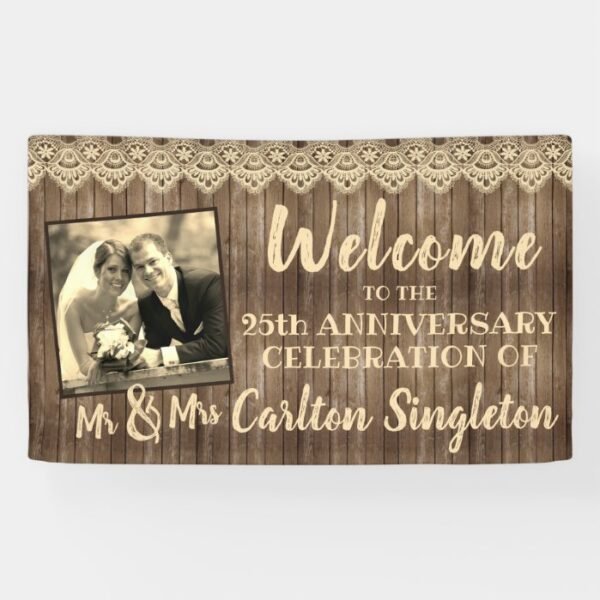 Rustic Wood & Lace ANY Wedding Anniversary Photo Banner