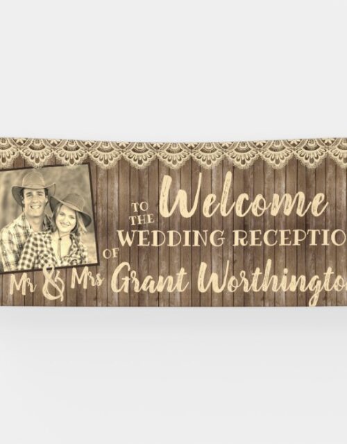 Rustic Wood & Lace Wedding Reception Photo Welcome Banner