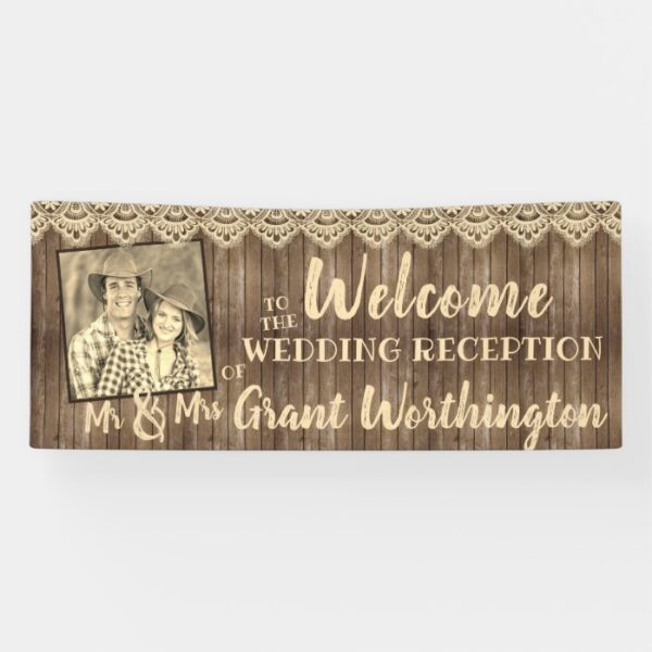 Rustic Wood & Lace Wedding Reception Photo Welcome Banner