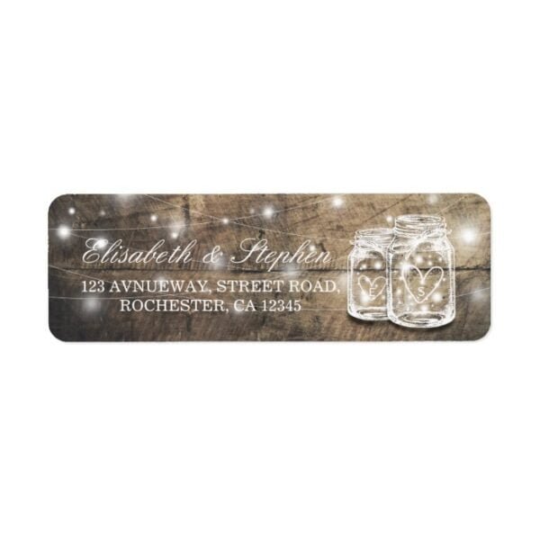 Rustic Wood Mason Jar String Light Wedding Address Label