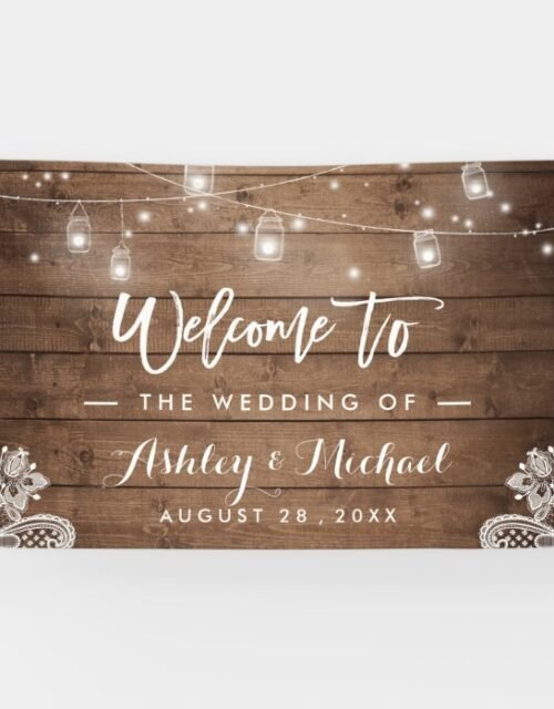 Rustic Wood Mason Jar String Lights Lace Wedding Banner