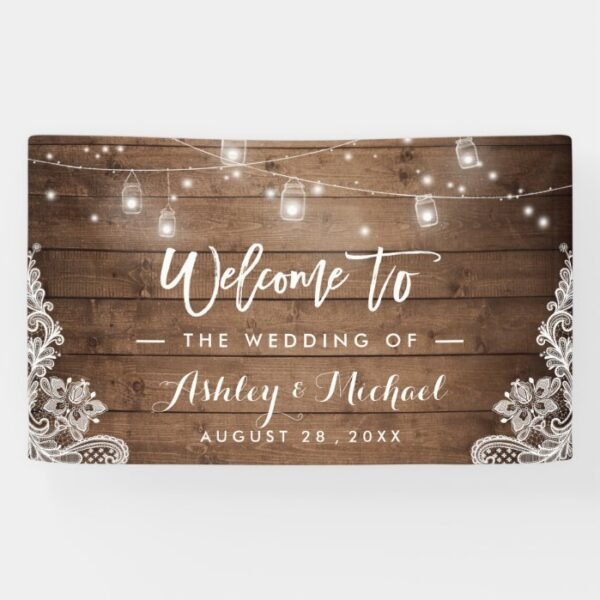 Rustic Wood Mason Jar String Lights Lace Wedding Banner