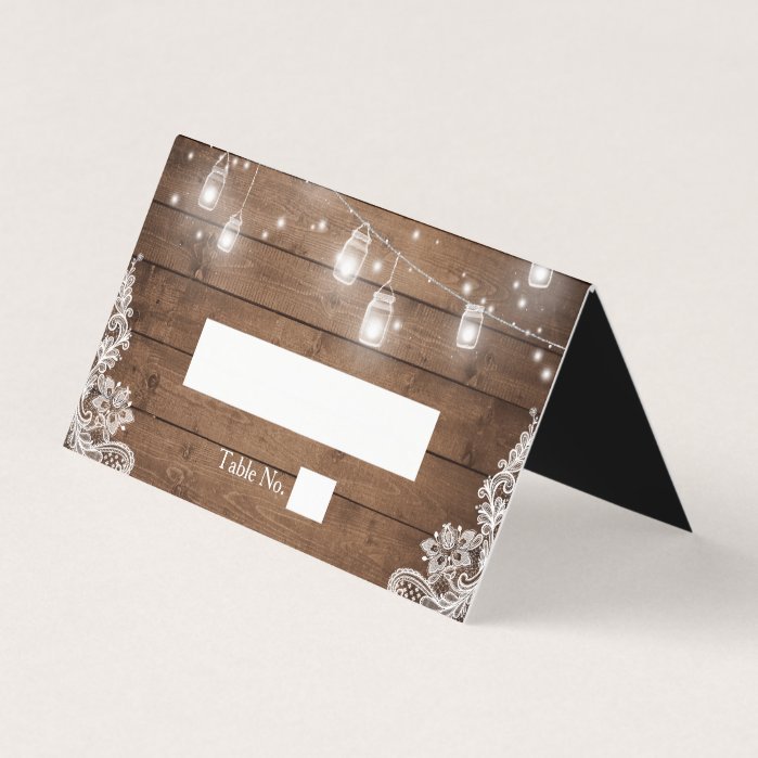 Rustic Wood Mason Jar String Lights Lace Wedding Place Card