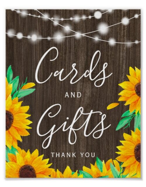 Rustic wood string lights sunflowers Card gifts Poster