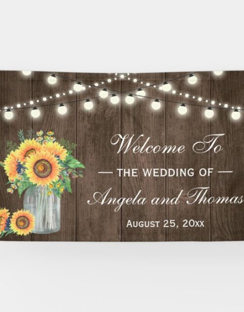 Rustic Wood String Lights Sunflowers Wedding Party Banner