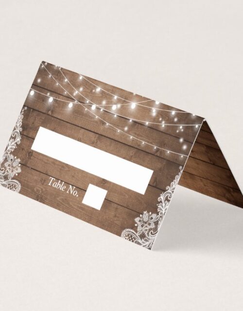 Rustic Wood Twinkle Lights Lace Wedding Place Card