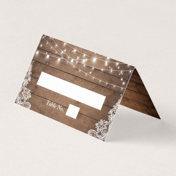 Rustic Wood Twinkle Lights Lace Wedding Place Card