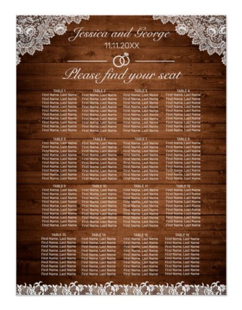 Rustic Wood & White Lace Seating Chart 16 Tables