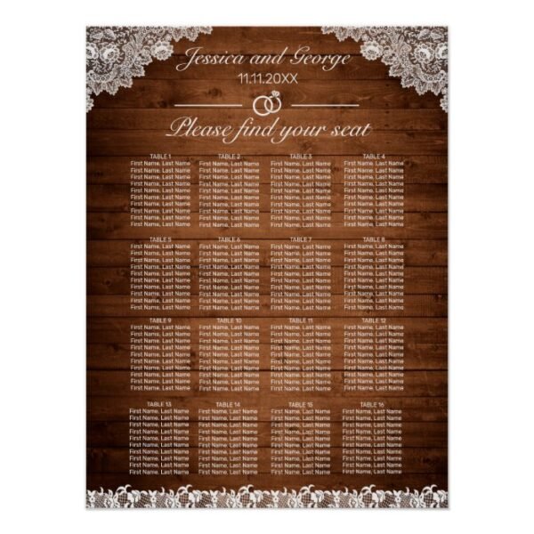 Rustic Wood & White Lace Seating Chart 16 Tables