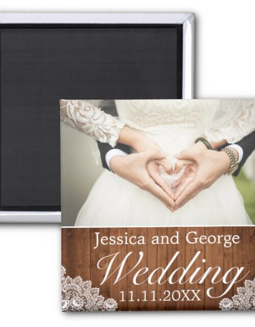 Rustic Wood & White Lace Wedding Photo Magnet