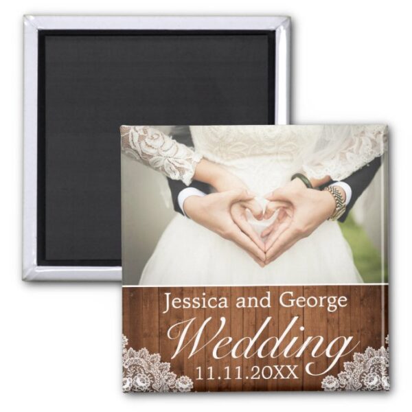 Rustic Wood & White Lace Wedding Photo Magnet