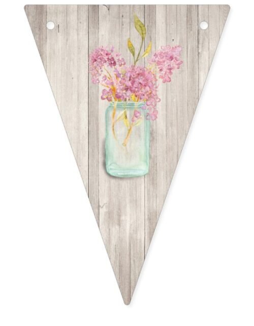 Rustic Woodgrain Mason Jar Pink Floral Wedding Bunting Flags