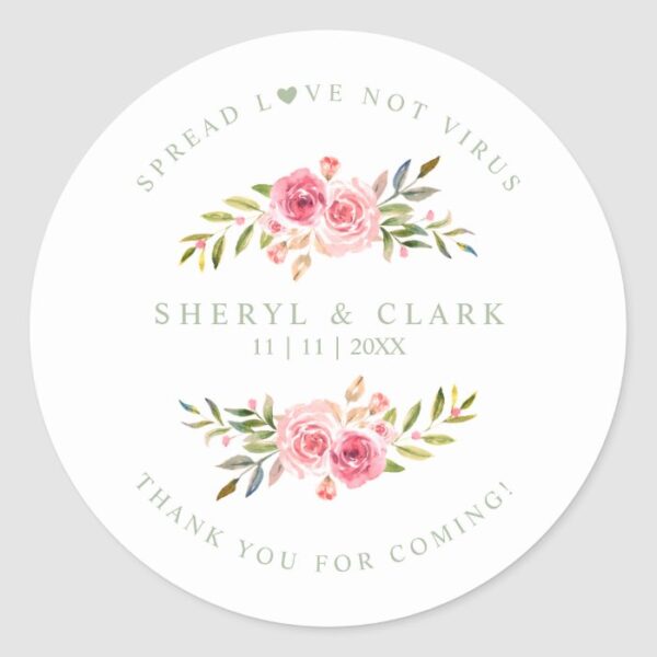Sage Custom Pink Garland Wreath Wedding Sanitizer Classic Round Sticker