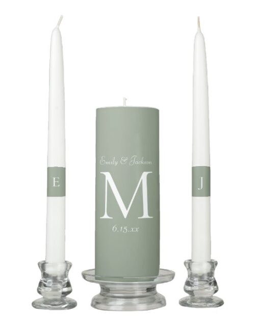 Sage Green White Monogram Wedding Unity Candle Set