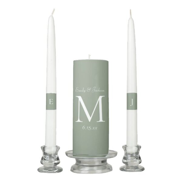 Sage Green White Monogram Wedding Unity Candle Set